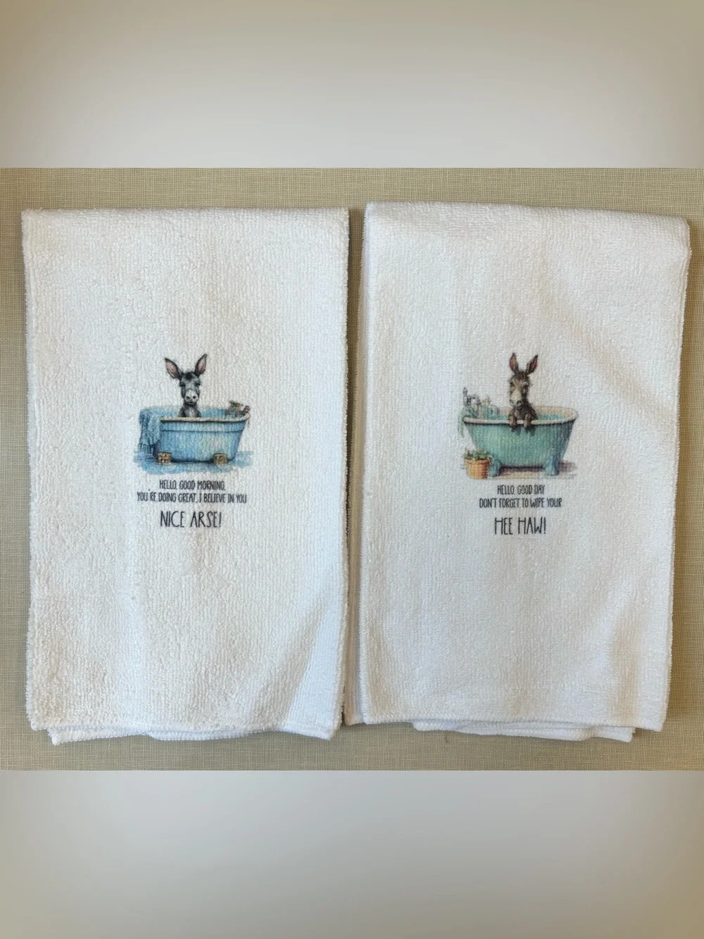 NEW Embroidered Donkey Bath Towels - White with Blue Bathtub Motif